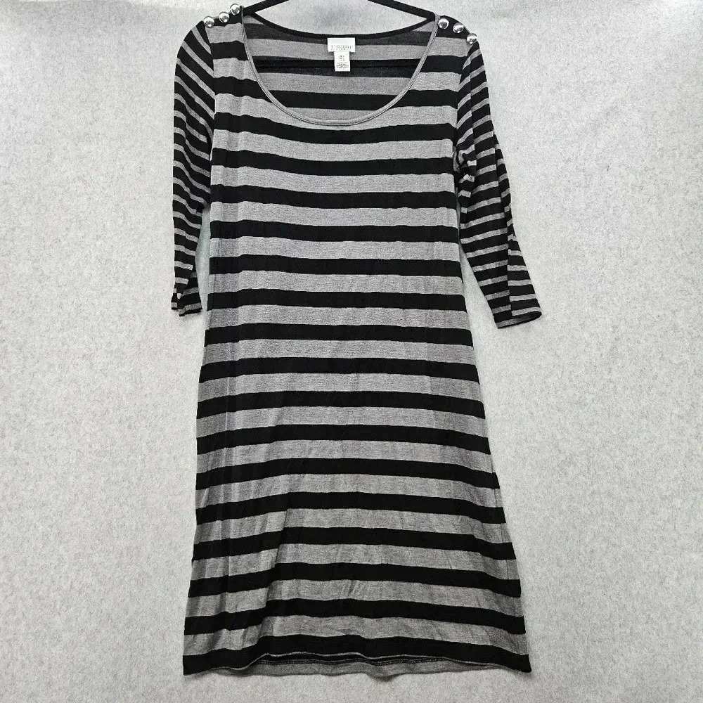 Motherhood Maternity‎ Dress Black Gray Stripe Shoulder Button Detail Size M